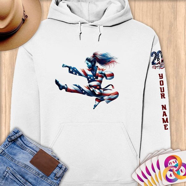 Physical Item S / White Taekwondo Leap ~ Limited Edition 2024 "USA Excellence" ~ Personalized Premium Hoodie