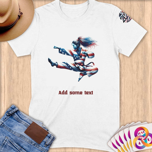 Physical Item S / White Taekwondo Leap ~ Limited Edition 2024 "USA Excellence" ~ Personalized Softstyle T-Shirt
