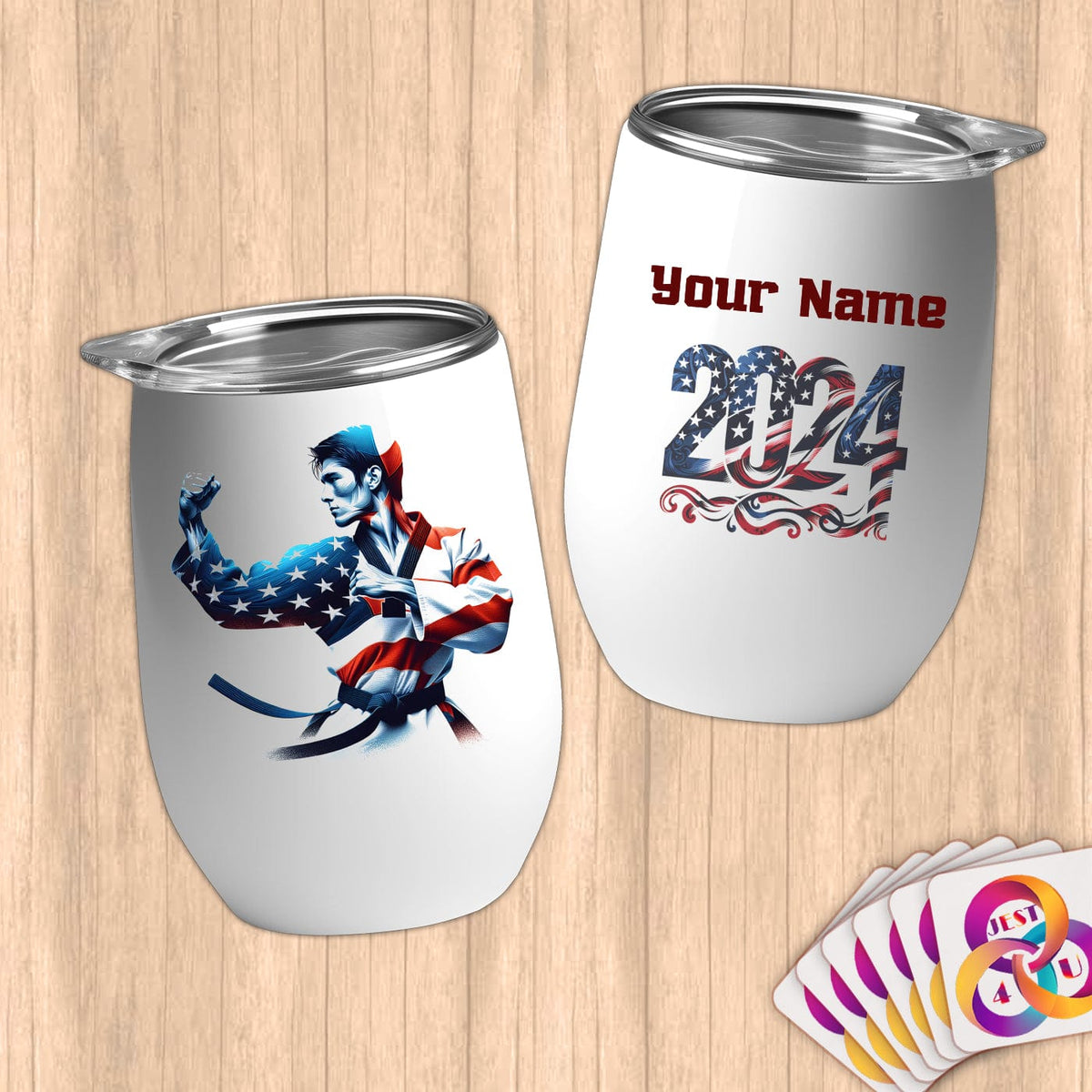 Physical Item 12 oz / White Taekwondo Patriotic ~ Limited Edition 2024 "USA Excellence" ~ Customizable 12oz Wine Tumbler with Lid