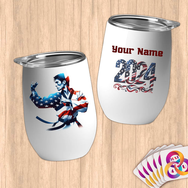 Physical Item 12 oz / White Taekwondo Patriotic ~ Limited Edition 2024 "USA Excellence" ~ Customizable 12oz Wine Tumbler with Lid