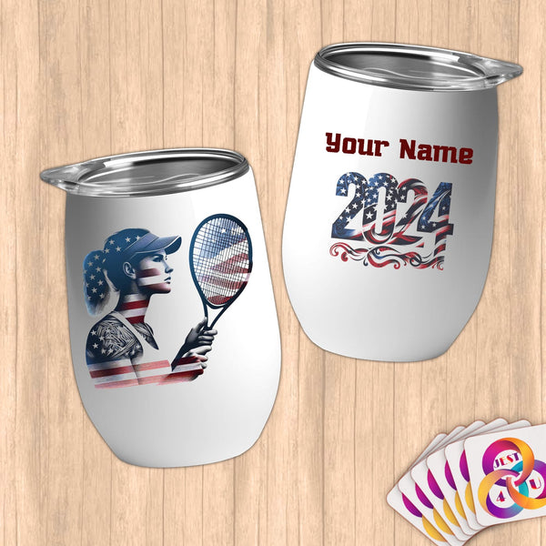 Physical Item 12 oz / White Tennis Eagle ~ Limited Edition 2024 "USA Excellence" ~ Customizable 12oz Wine Tumbler with Lid