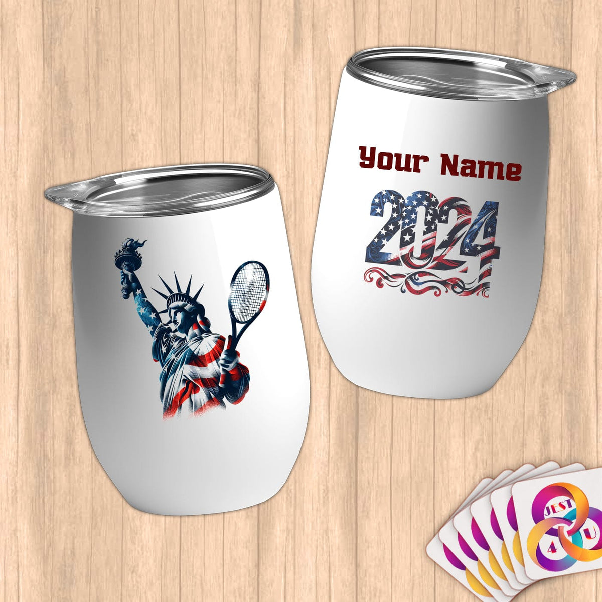 Physical Item 12 oz / White Tennis Freedom Flight ~ Limited Edition 2024 "USA Excellence" ~ Customizable 12oz Wine Tumbler with Lid