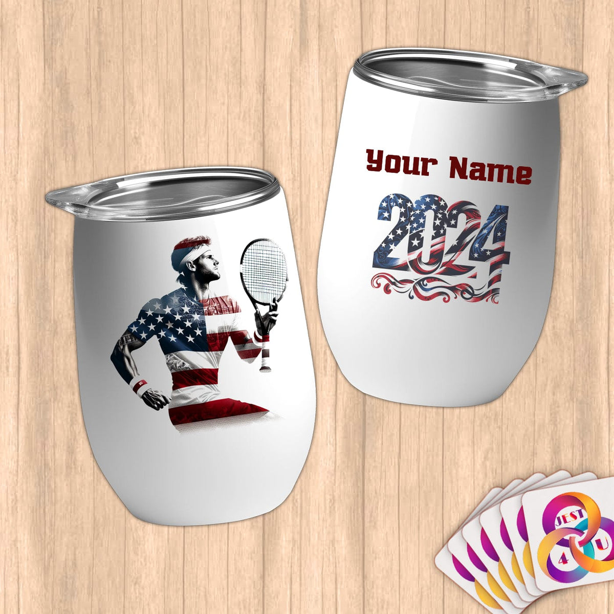 Physical Item 12 oz / White Tennis Freedom ~ Limited Edition 2024 "USA Excellence" ~ Customizable 12oz Wine Tumbler with Lid