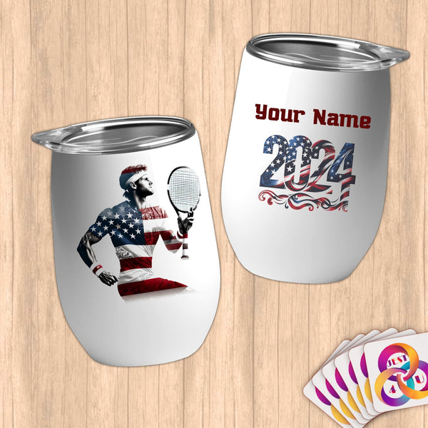 Physical Item 12 oz / White Tennis Freedom ~ Limited Edition 2024 "USA Excellence" ~ Customizable 12oz Wine Tumbler with Lid