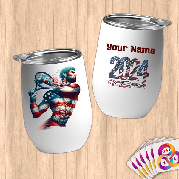 Physical Item 12 oz / White Tennis Glory ~ Limited Edition 2024 "USA Excellence" ~ Customizable 12oz Wine Tumbler with Lid