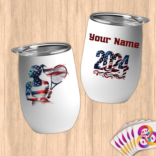 Physical Item 12 oz / White Tennis Glow ~ Limited Edition 2024 "USA Excellence" ~ Customizable 12oz Wine Tumbler with Lid