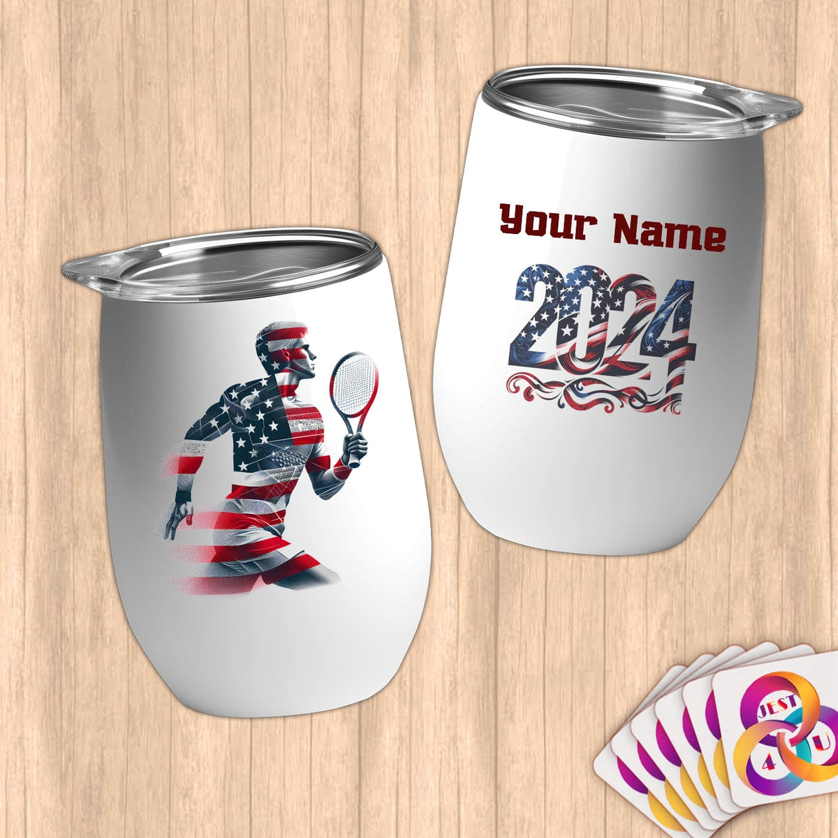 Physical Item 12 oz / White Tennis Hero ~ Limited Edition 2024 "USA Excellence" ~ Customizable 12oz Wine Tumbler with Lid