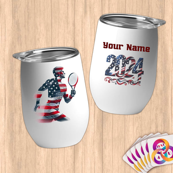 Physical Item 12 oz / White Tennis Hero ~ Limited Edition 2024 "USA Excellence" ~ Customizable 12oz Wine Tumbler with Lid