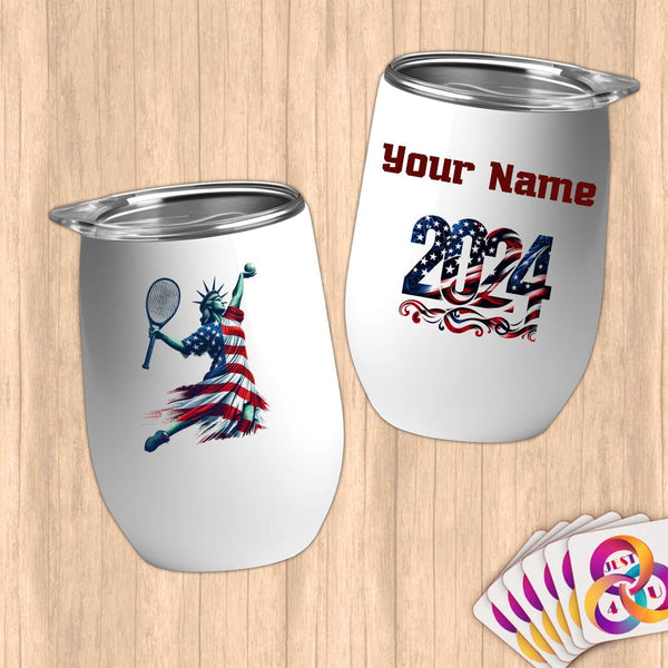 Physical Item 12 oz / White Tennis Liberty Serve ~ Limited Edition 2024 "USA Excellence" ~ Customizable 12oz Wine Tumbler with Lid
