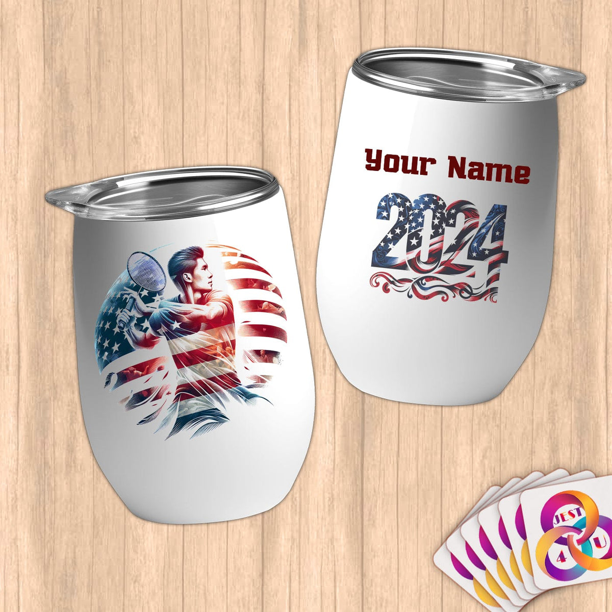Physical Item 12 oz / White Tennis Patriotic ~ Limited Edition 2024 "USA Excellence" ~ Customizable 12oz Wine Tumbler with Lid