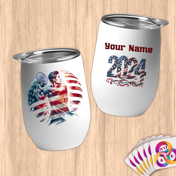Physical Item 12 oz / White Tennis Patriotic ~ Limited Edition 2024 "USA Excellence" ~ Customizable 12oz Wine Tumbler with Lid