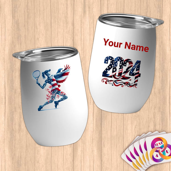 Physical Item 12 oz / White TEnnis Power~Limited Edition 2024 "USA Excellence" ~ Customizable 12oz Wine Tumbler with Lid