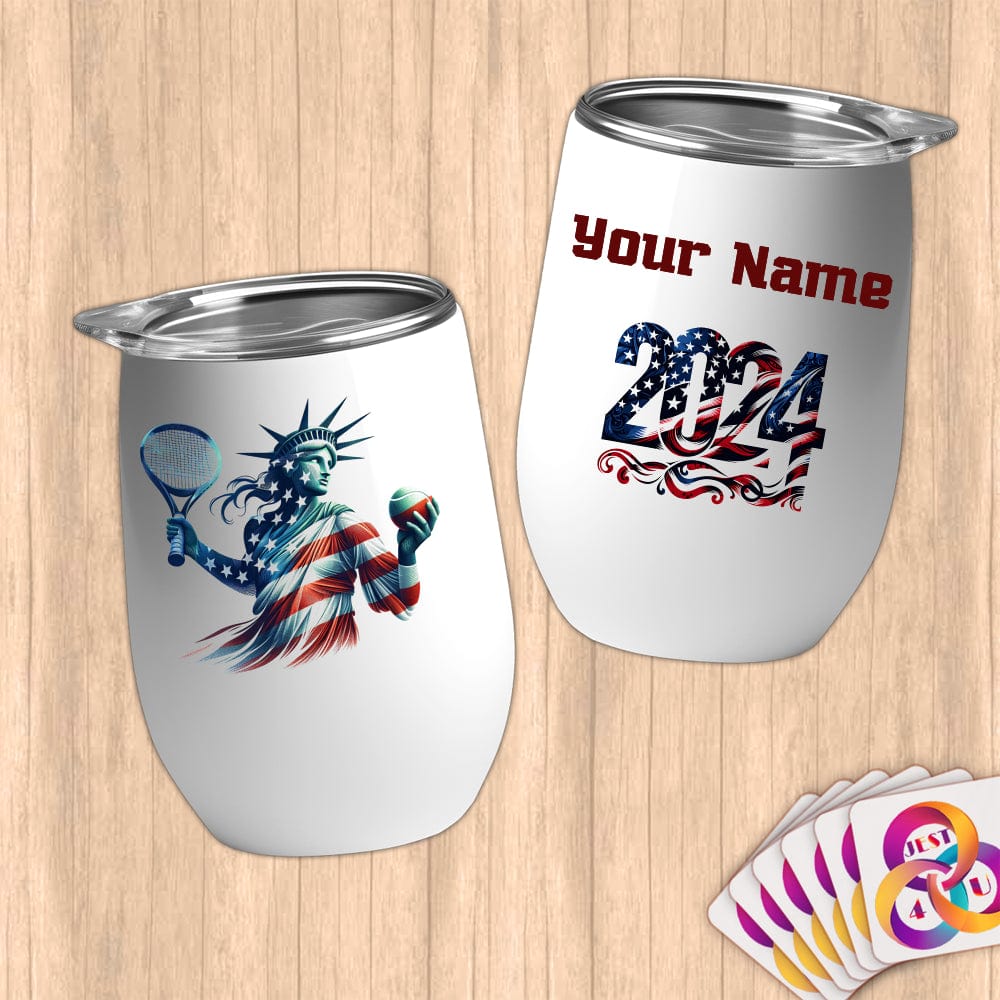 Physical Item 12 oz / White Tennis Power ~ Limited Edition 2024 "USA Excellence" ~ Customizable 12oz Wine Tumbler with Lid