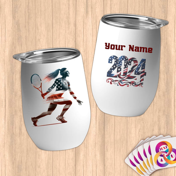 Physical Item 12 oz / White Tennis Speed ~ Limited Edition 2024 "USA Excellence" ~ Customizable 12oz Wine Tumbler with Lid