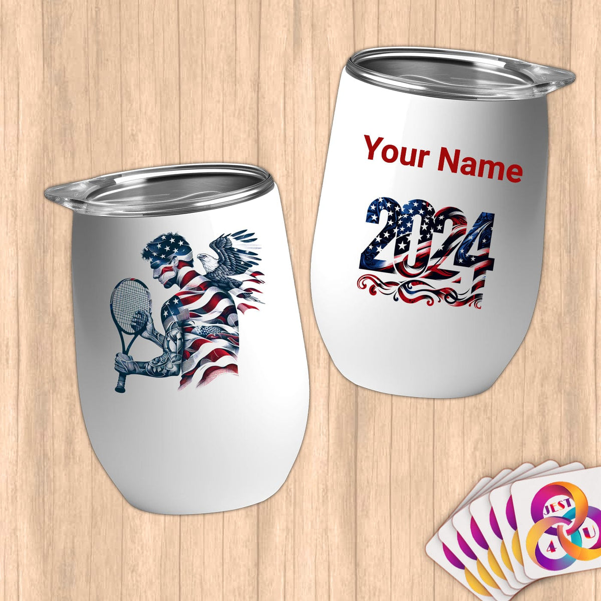 Physical Item 12 oz / White Tennis Spirit~Limited Edition 2024 "USA Excellence" ~ Customizable 12oz Wine Tumbler with Lid