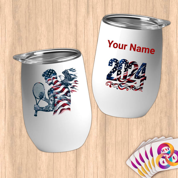 Physical Item 12 oz / White Tennis Spirit~Limited Edition 2024 "USA Excellence" ~ Customizable 12oz Wine Tumbler with Lid