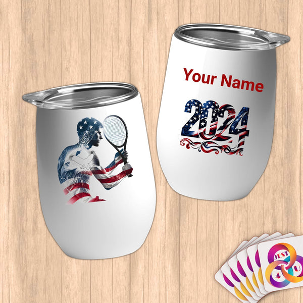 Physical Item 12 oz / White Tennis Stars~Limited Edition 2024 "USA Excellence" ~ Customizable 12oz Wine Tumbler with Lid