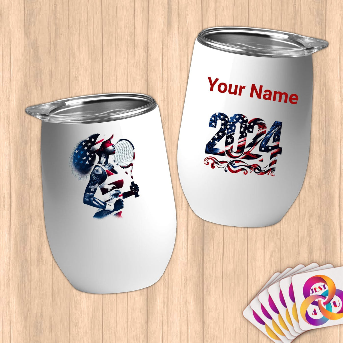 Physical Item 12 oz / White Tennis Stripes~Limited Edition 2024 "USA Excellence" ~ Customizable 12oz Wine Tumbler with Lid