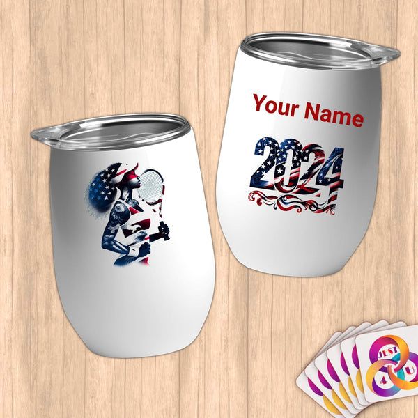Physical Item 12 oz / White Tennis Stripes~Limited Edition 2024 "USA Excellence" ~ Customizable 12oz Wine Tumbler with Lid