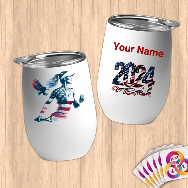 Physical Item 12 oz / White Tennis Wings~Limited Edition 2024 "USA Excellence" ~ Customizable 12oz Wine Tumbler with Lid