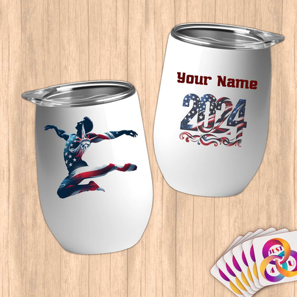 Physical Item 12 oz / White Trampoline Freedom ~ Limited Edition 2024 "USA Excellence" ~ Customizable 12oz Wine Tumbler with Lid