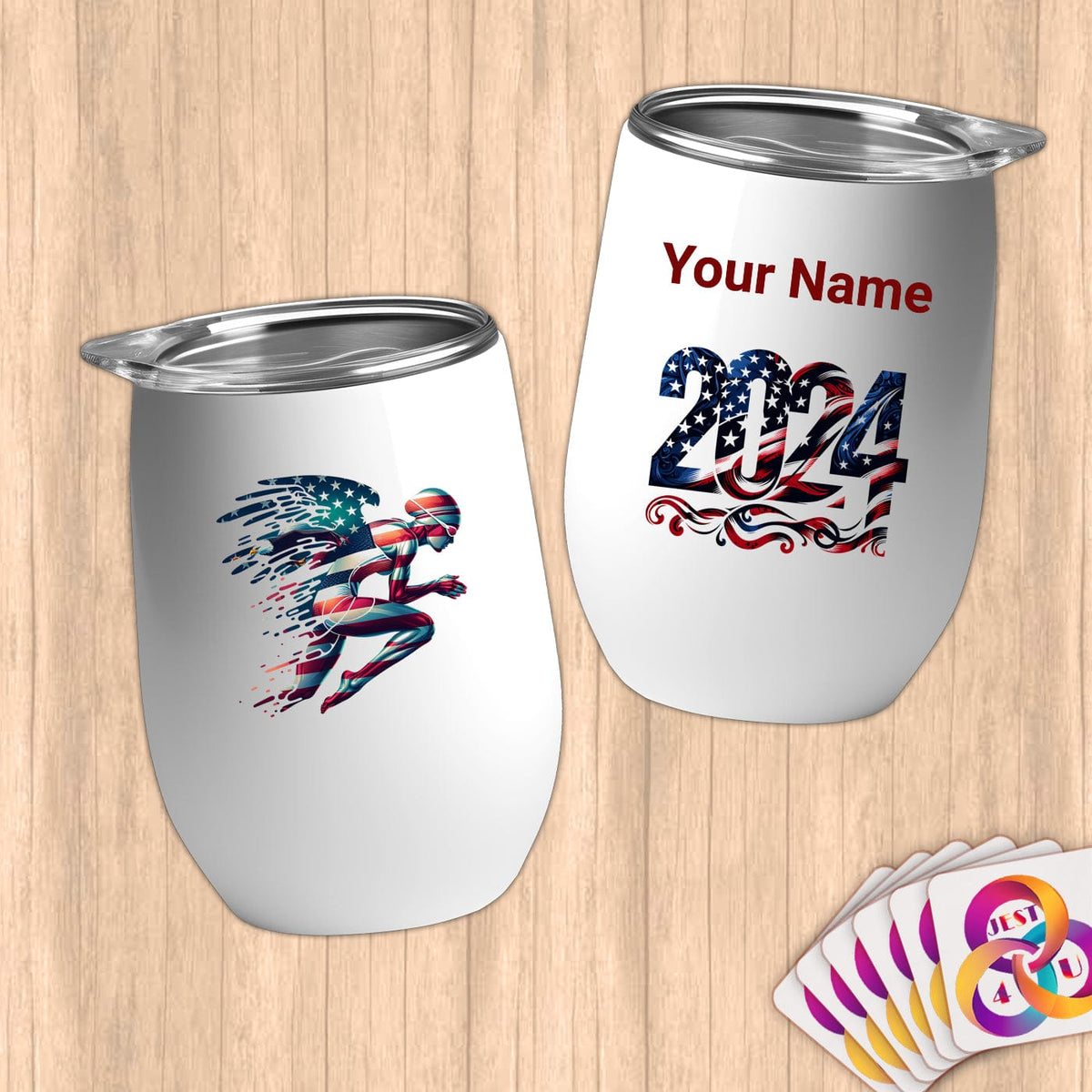 Physical Item 12 oz / White Trendy Runner American~Limited Edition 2024 "USA Excellence" ~ Customizable 12oz Wine Tumbler with Lid