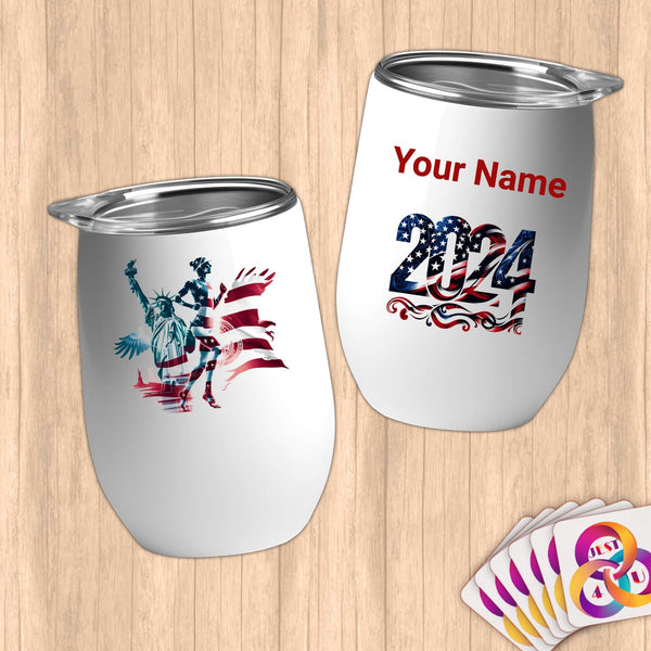 Physical Item 12 oz / White Triathalon Strength~Limited Edition 2024 "USA Excellence" ~ Customizable 12oz Wine Tumbler with Lid