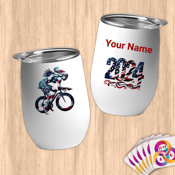 Physical Item 12 oz / White Triathlete Biker~Limited Edition 2024 "USA Excellence" ~ Customizable 12oz Wine Tumbler with Lid