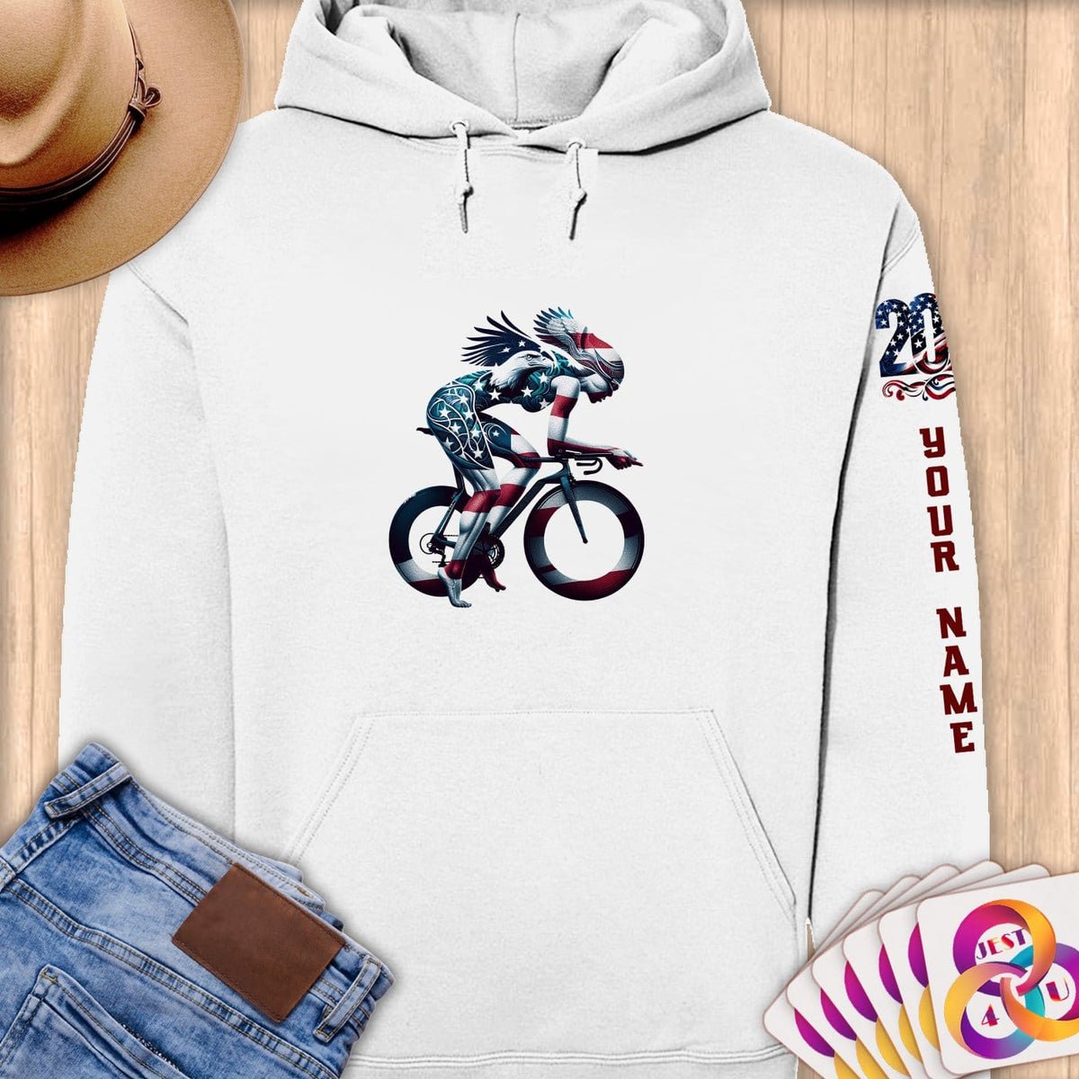 Physical Item S / White Triathlete Biker~Limited Edition 2024 "USA Excellence" ~ Personalized Premium Hoodie