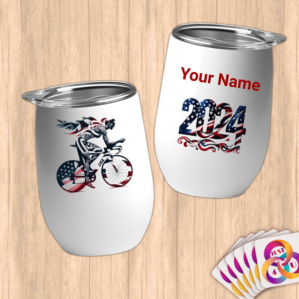 Physical Item 12 oz / White Triathlete Spin~Limited Edition 2024 "USA Excellence" ~ Customizable 12oz Wine Tumbler with Lid