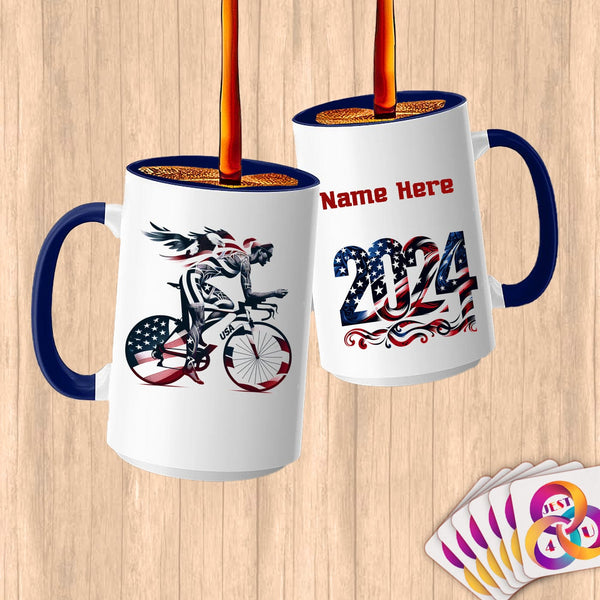 Physical Item 15oz / Blue Triathlete Spin~Limited Edition 2024 "USA Excellence" ~ Customized Large 15oz Mug