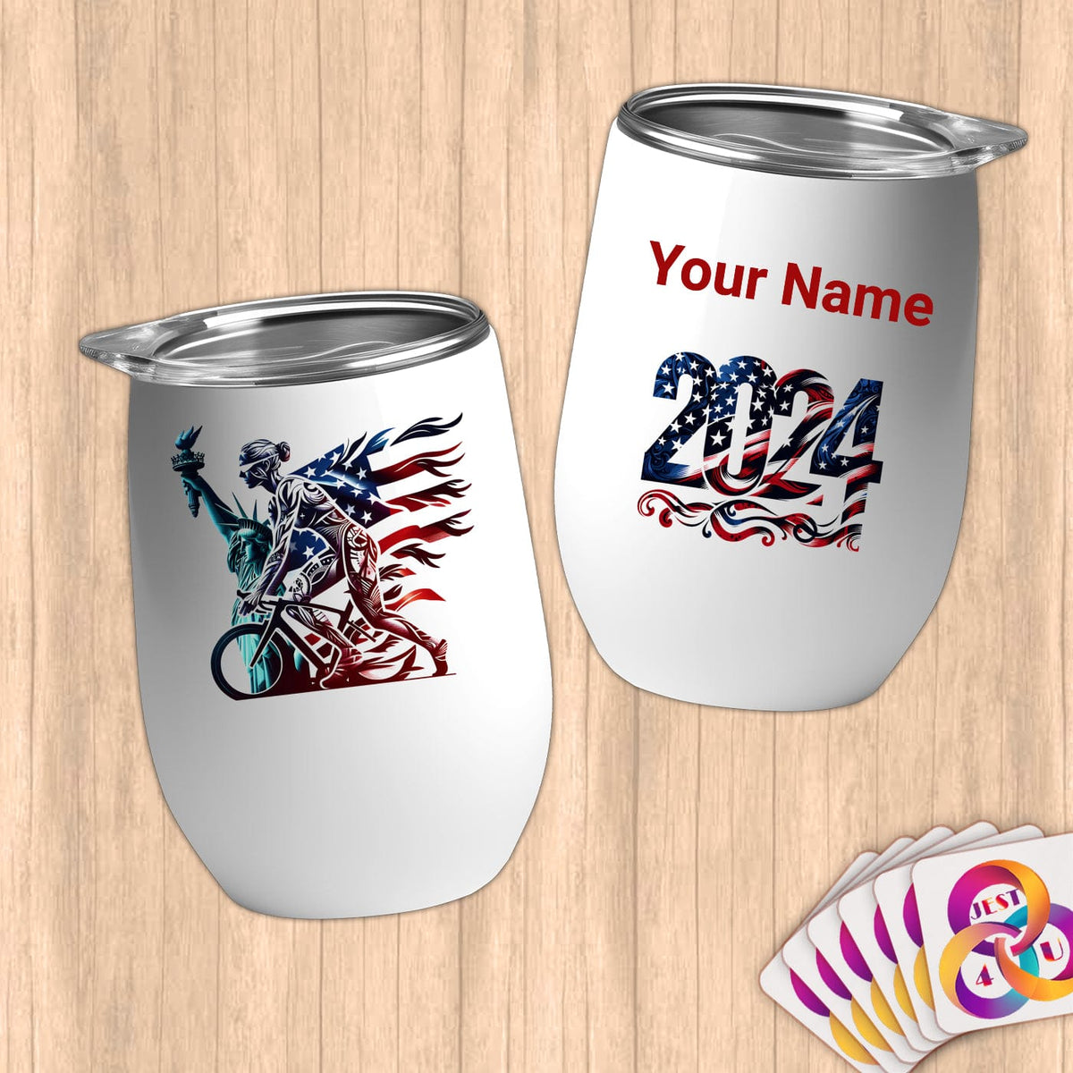 Physical Item 12 oz / White Triathlete Wheels~Limited Edition 2024 "USA Excellence" ~ Customizable 12oz Wine Tumbler with Lid
