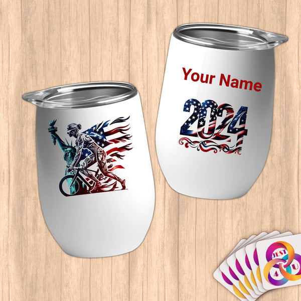 Physical Item 12 oz / White Triathlete Wheels~Limited Edition 2024 "USA Excellence" ~ Customizable 12oz Wine Tumbler with Lid