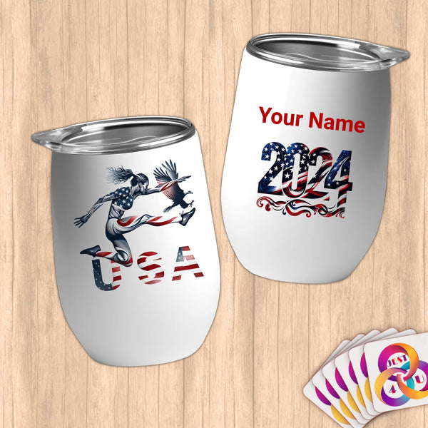 Physical Item 12 oz / White USA Hurdler ~Limited Edition 2024 "USA Excellence" ~ Customizable 12oz Wine Tumbler with Lid