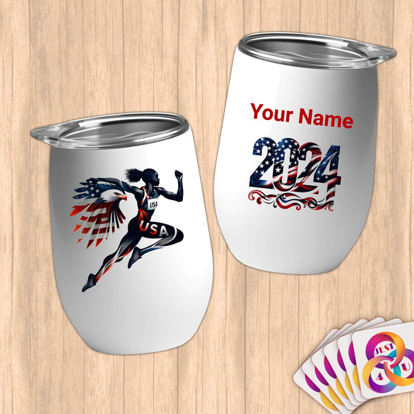 Physical Item 12 oz / White USA Soaring Winged Eagle ~Limited Edition 2024 "USA Excellence" ~ Customizable 12oz Wine Tumbler with Lid