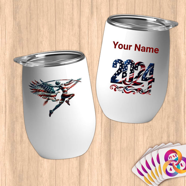 Physical Item 12 oz / White Vaulting Athlete~Limited Edition 2024 "USA Excellence" ~ Customizable 12oz Wine Tumbler with Lid
