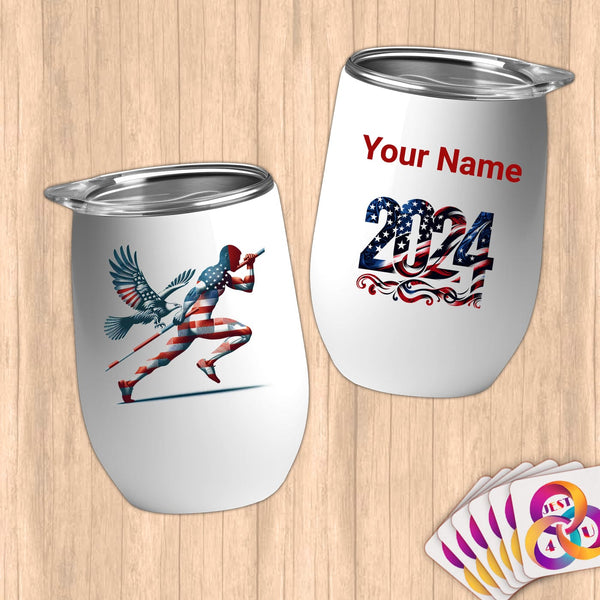 Physical Item 12 oz / White Vaultring Wings~Limited Edition 2024 "USA Excellence" ~ Customizable 12oz Wine Tumbler with Lid