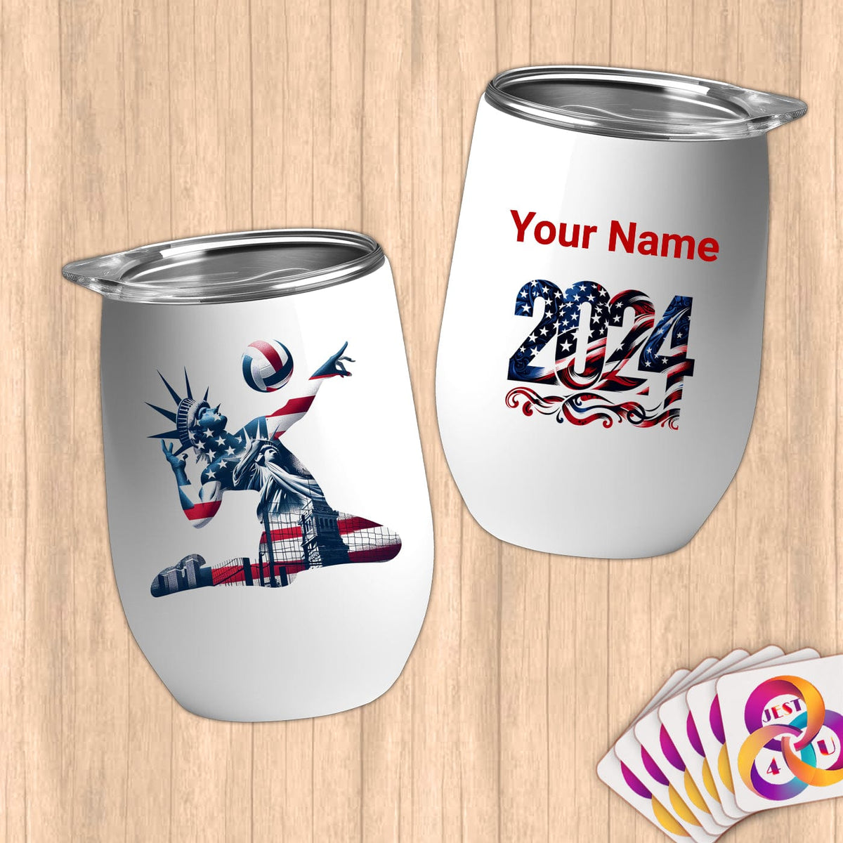 Physical Item 12 oz / White Vibrant Liberty Volleyball ~Limited Edition 2024 "USA Excellence" ~ Customizable 12oz Wine Tumbler with Lid