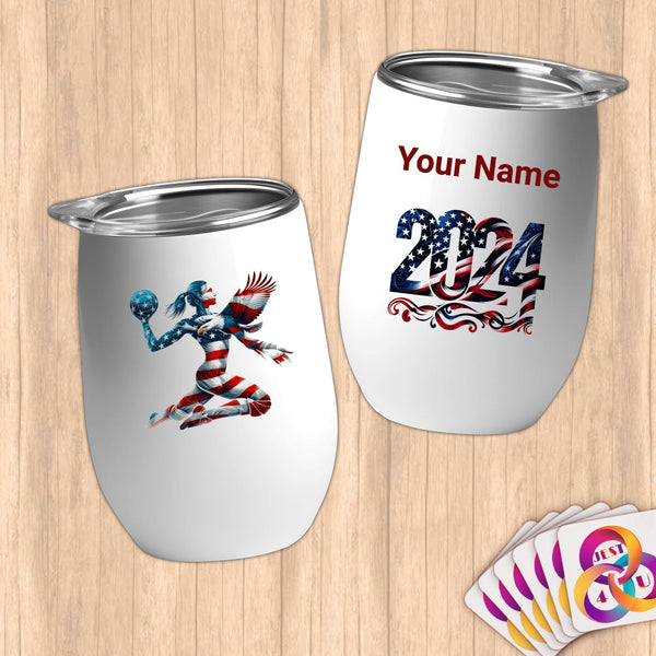 Physical Item 12 oz / White Vibrant Patriotism Volley~Limited Edition 2024 "USA Excellence" ~ Customizable 12oz Wine Tumbler with Lid