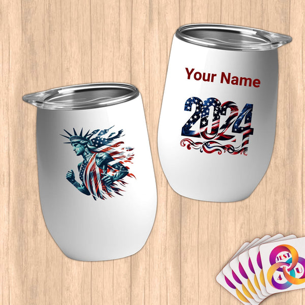 Physical Item 12 oz / White Vibrant Racing Statue Liberty~Limited Edition 2024 "USA Excellence" ~ Customizable 12oz Wine Tumbler with Lid