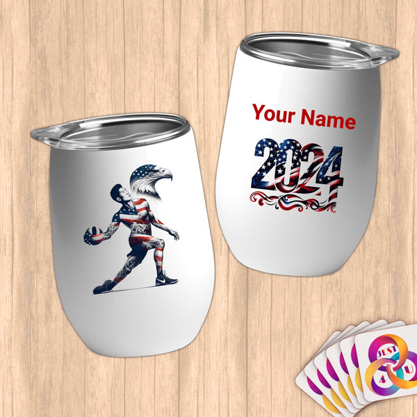 Physical Item 12 oz / White Volley Eagle ~Limited Edition 2024 "USA Excellence" ~ Customizable 12oz Wine Tumbler with Lid