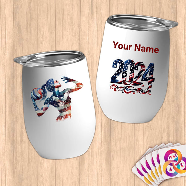 Physical Item 12 oz / White Volleyball Eagle USA~Limited Edition 2024 "USA Excellence" ~ Customizable 12oz Wine Tumbler with Lid