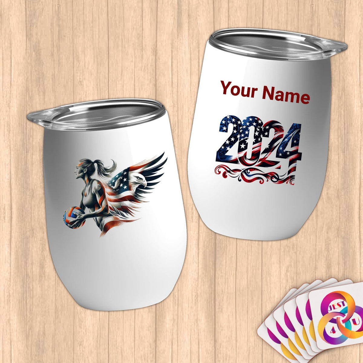 Physical Item 12 oz / White Volleyball Patriot Eagle~Limited Edition 2024 "USA Excellence" ~ Customizable 12oz Wine Tumbler with Lid