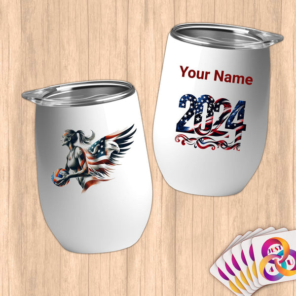 Physical Item 12 oz / White Volleyball Patriot Eagle~Limited Edition 2024 "USA Excellence" ~ Customizable 12oz Wine Tumbler with Lid