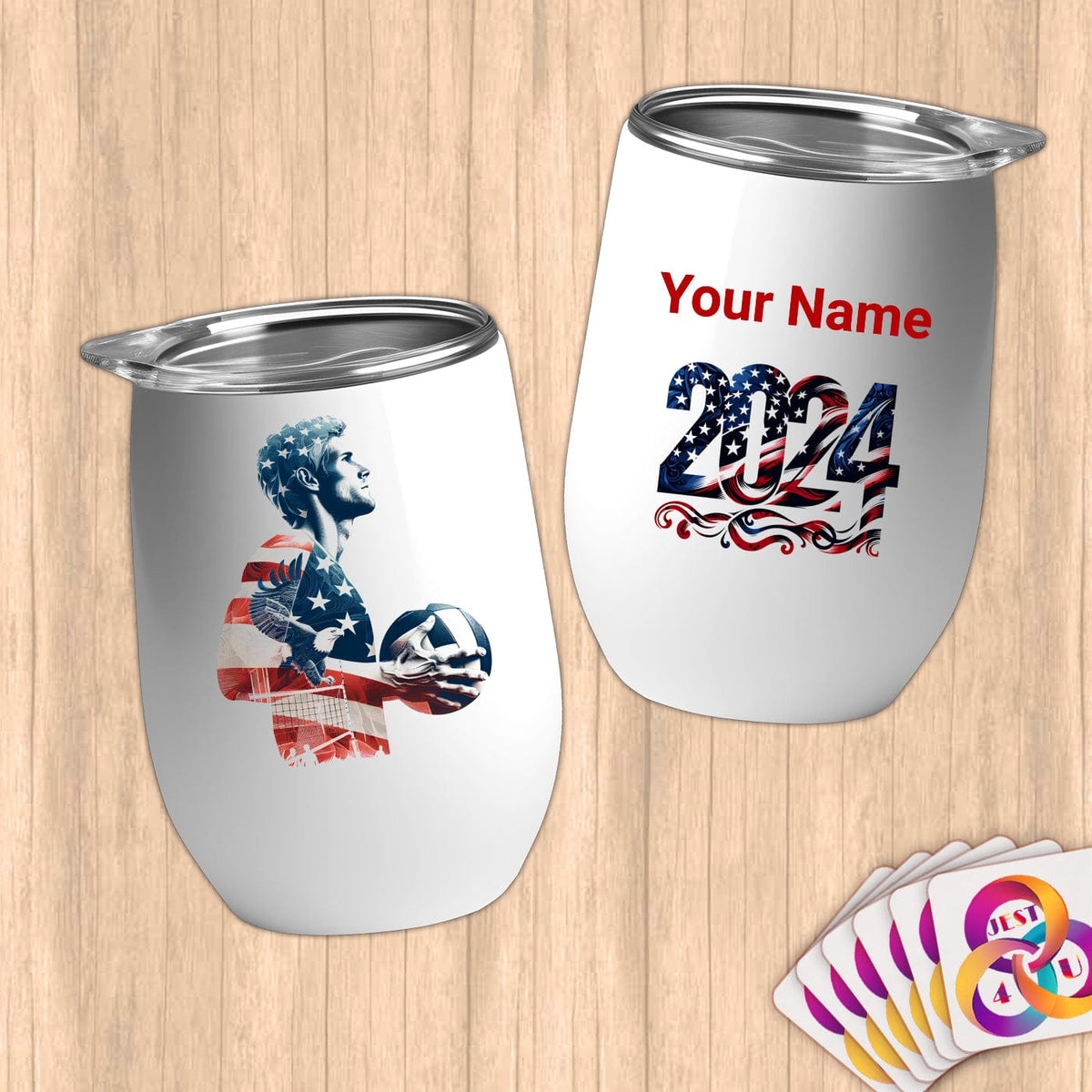 Physical Item 12 oz / White Volleyball Stars ~Limited Edition 2024 "USA Excellence" ~ Customizable 12oz Wine Tumbler with Lid