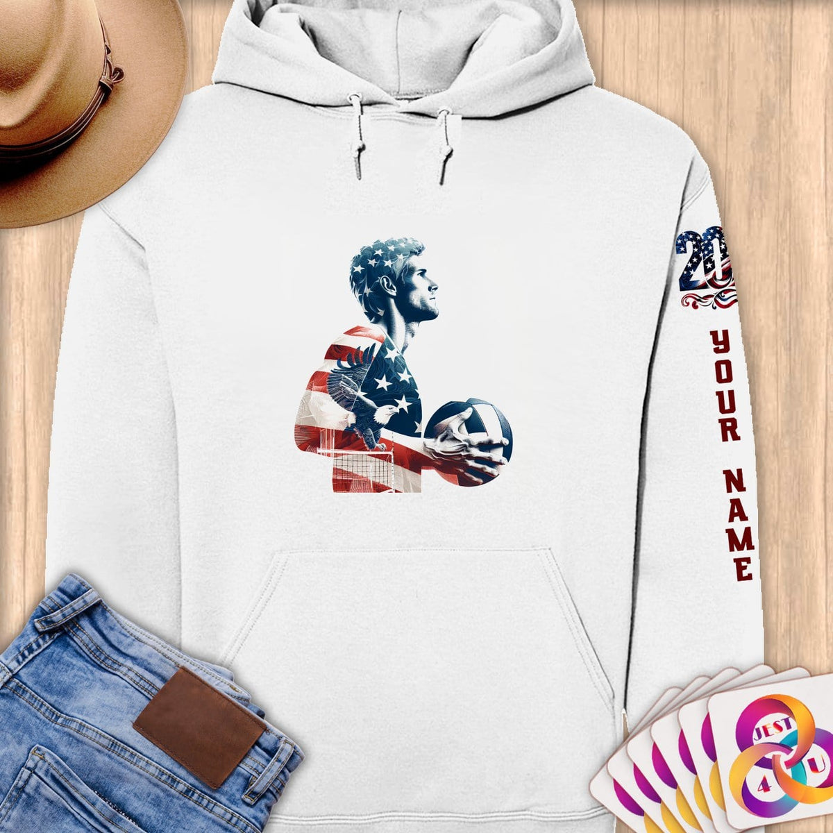 Physical Item S / White Volleyball Stars ~Limited Edition 2024 "USA Excellence" ~ Personalized Premium Hoodie