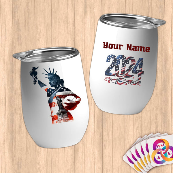 Physical Item 12 oz / White Volleyball Statue of Liberty ~ Limited Edition 2024 "USA Excellence" ~ Customizable 12oz Wine Tumbler with Lid