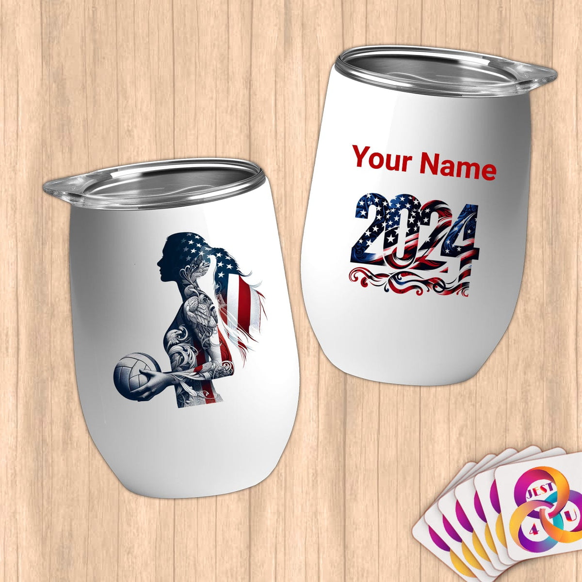 Physical Item 12 oz / White Volleyball Stripes ~Limited Edition 2024 "USA Excellence" ~ Customizable 12oz Wine Tumbler with Lid