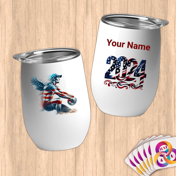 Physical Item 12 oz / White Volleyball Wingman~Limited Edition 2024 "USA Excellence" ~ Customizable 12oz Wine Tumbler with Lid
