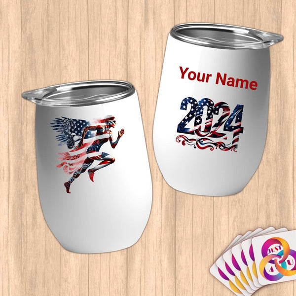 Physical Item 12 oz / White Winged Runner~Limited Edition 2024 "USA Excellence" ~ Customizable 12oz Wine Tumbler with Lid